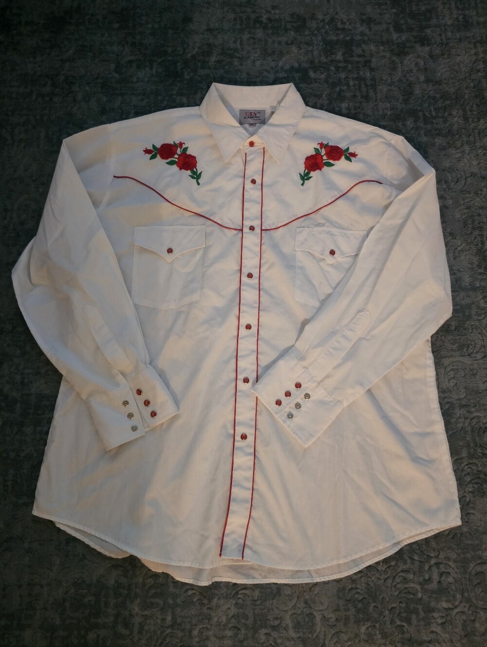 Ely Diamond  White Western Button-Down Shirt with Red Rose Embroidery